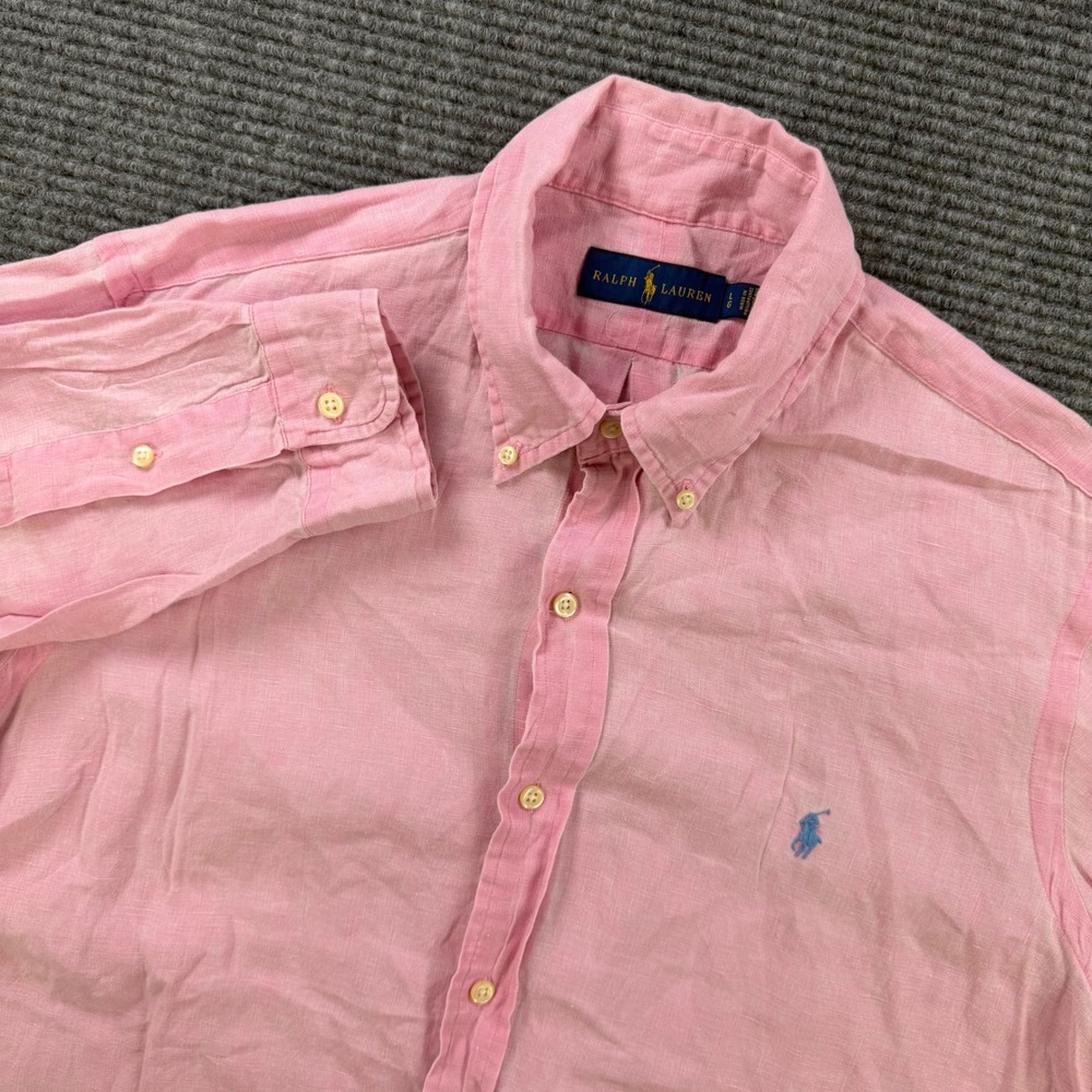 Ralph Lauren Mens Pink 100% Linen Button Down Shirt Large Blue Pony Logo Classic